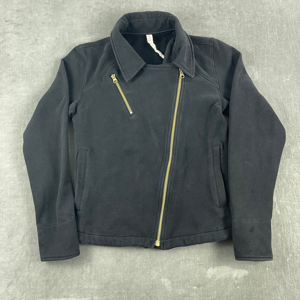 Lululemon Women Size 4 Black Moto Jacket Asymmetrical Gold Zip Fleece Sweatshirt